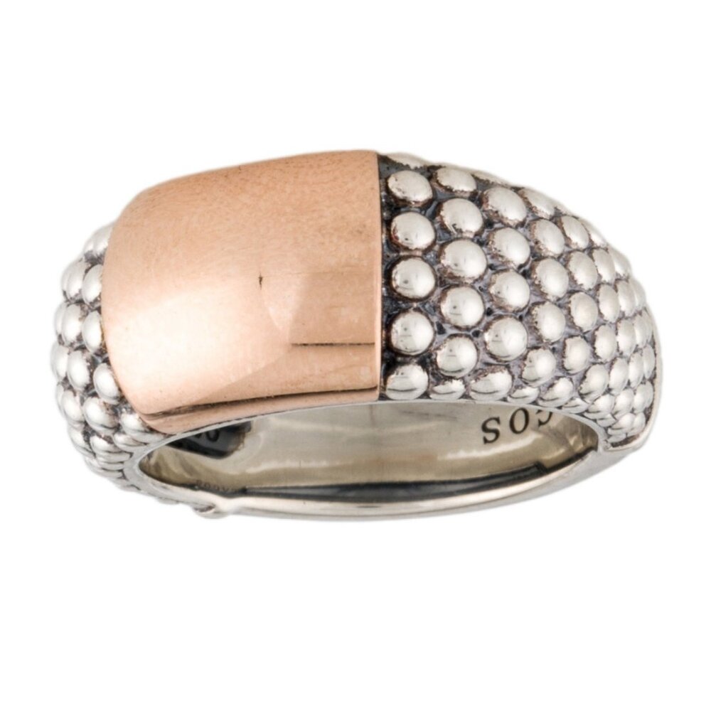 LAGOS TWO-TONE 18K ROSE GOLD & STERLING SILVER CAVIAR HIGH BAR RING - Picture 3 of 9